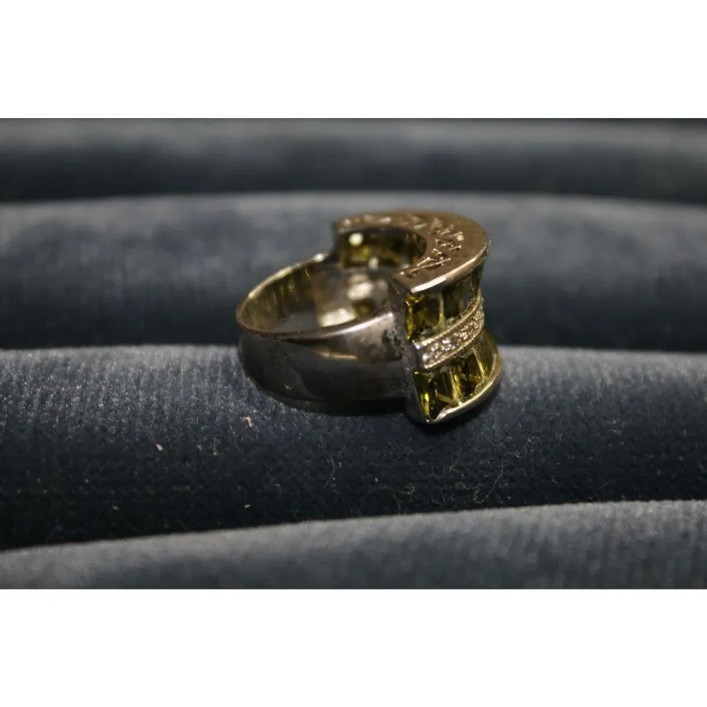 Olive Green Stones Clear Rhinestone Silver‎ Band Fashion Costume Ring Size 7